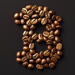 Golden roasted coffee beans symbolically arranged to form a Bitcoin logo, creative concept for a crypto cafe , octane render