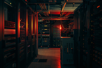 A dimly lit data center, a critique of the energy consumption and environmental impact of our digital dependencies  