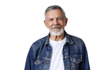 Portrait studio smiling mature man wear jeans jacket and white shirt posing with smart look, isolated on transparent png background.