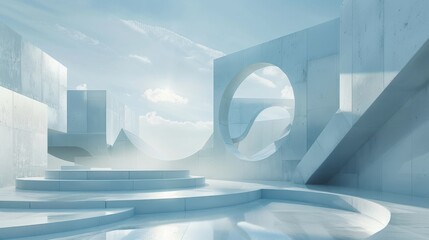 3d render of a blue concrete structure with a large curved opening and a stepped platform in front of it