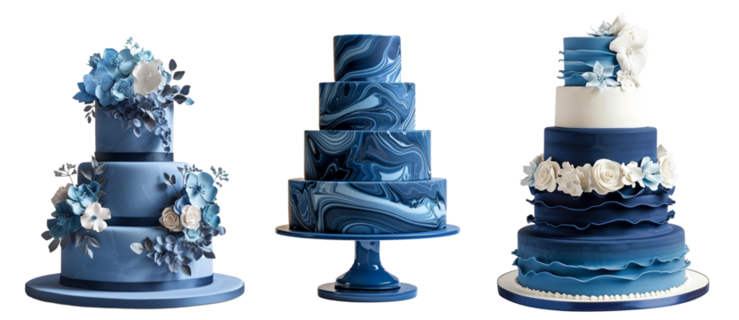 Elegant Blue Tiered Cake with Floral Accents, Transparent Background