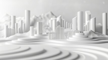3D rendering of a futuristic city with white geometric shapes and a white background