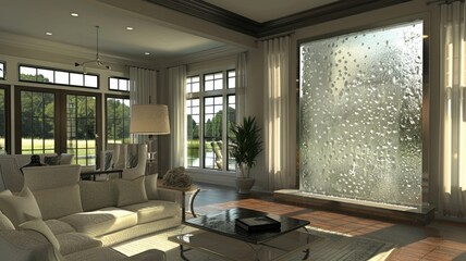 Fototapeta premium elegant living room featuring a serene water wall, with water gently cascading down textured glass, creating a soothing ambiance