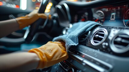 A person using a microfiber cloth to wipe down the dashboard and interior surfaces of a car, removing dust and fingerprints for a clean finish.