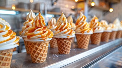   A line of ice cream cones perched atop a metallic countertop, adorned with vibrant orange and white striped icing