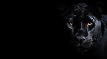 Front view of Panther on black background. Wild animals banner with copy space.
