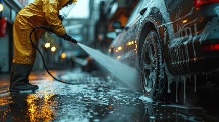 A person using a pressure washer to rinse off soap and debris from a car's exterior, ensuring a spotless finish after washing.