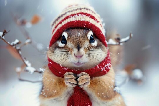 Winter chipmunk in coat and cardigan hat jacket