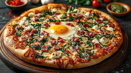   A pizza featuring bacon, cheese, and an egg on a wooden plate alongside various components is the optimal phrasing