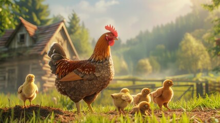 Fototapeta premium A serene farmyard scene with a mother hen leading her chicks on a morning foraging expedition, teaching them the ways of the land.