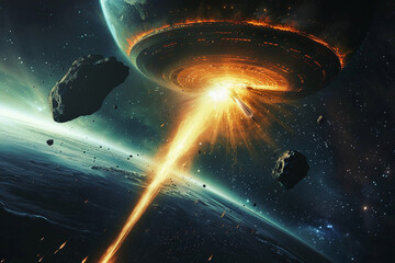 A dramatic scene of a UFO deploying a force field to deflect an asteroid threatening an uninhabited planet, a display of cosmic stewardship  