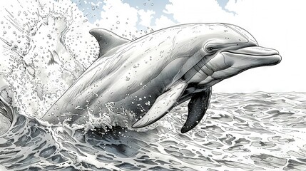   A monochrome illustration depicts a dolphin breaching the water with its head exposed above the surface