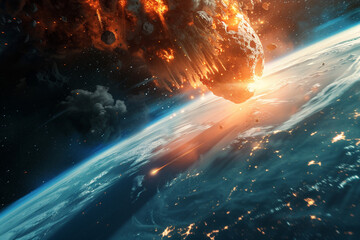 A dramatic scene of an asteroid exploding in the Earths atmosphere, a protective shield preventing a catastrophic impact  