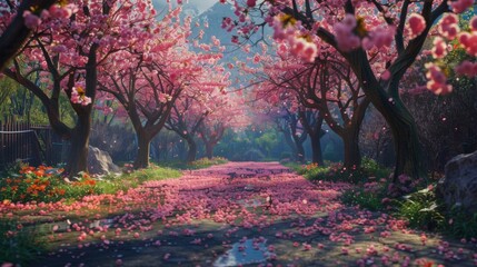 A serene garden scene with vibrant sakura trees in full bloom, petals drifting gently in the spring breeze.