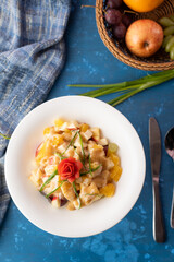 Fruit salad served on a table
