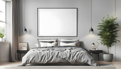 Fototapeta na wymiar Frame mockup, ISO different size paper size. biege and white bed room wall poster mockup. Interior mockup with house background. Modern interior design. 3D render, wallpapers, stock photos, mockups 