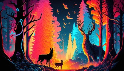a closeup glowing forest with neon-colored trees, animals, and a bright, colorful sky, a neon-infused design of a surreal