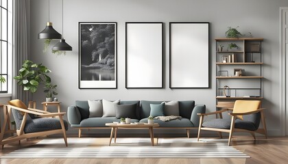 Frame mockup, 3 ISO A paper size. Living room wall poster mockup. Interior mockup with house background. Modern interior design. 3D render, photo, 3d render	