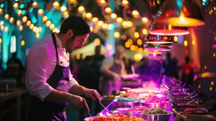 banner with a festive food event, very colorful and shinny lights