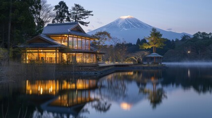 Naklejka premium A serene lakeside retreat with Mount Fuji reflected in the calm waters, offering a tranquil escape from the hustle and bustle of city life.