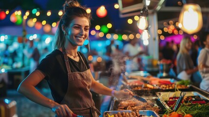 banner with a festive food event, very colorful and shinny lights