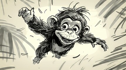   Black-and-white illustration of a monkey soaring through the sky with an open mouth and outstretched arms