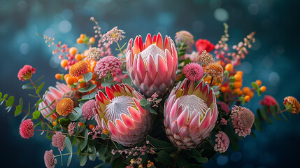 A vibrant display of bouquets featuring exotic protea flowers and tropical foliage