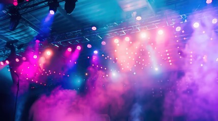 banner with a festive music event in a industrial compound, very colorful and shinny lights