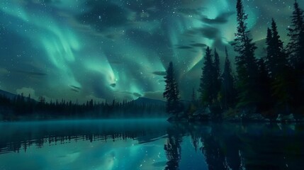 Image of A serene lakeside scene with the northern lights reflecting in the still waters, doubling the magic of the celestial display. printed on Printed Glass Worktop Savers