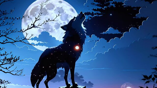The figure of a howling wolf against the backdrop of the full moon, night and clouds, blue shades.