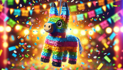 Multicolored pinata shaped like a donkey, captured mid-celebration amidst a shower of confetti and party lights.Cinco de Mayo.Fiesta banner and poster design. 
