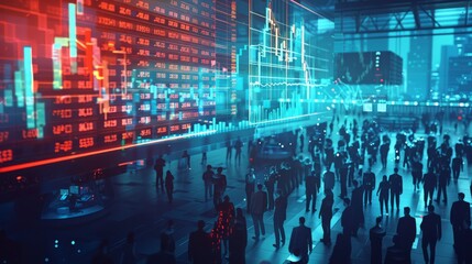 A large crowd of people walk through a futuristic city with large screens displaying stock market data.