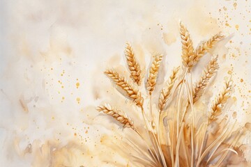 Fototapeta premium Watercolor illustration of wheat, soft and dreamy on a white background with delicate brushstrokes and a hand drawn texture Generative AI