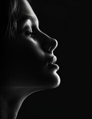 The image showcases a face emerging from the darkness, emphasizing the sharp contrast and complex interplay of light and shadow across the human features
