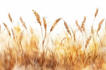 Naklejka premium watercolor wheat field, white background, light beige and gold colors Generative AI