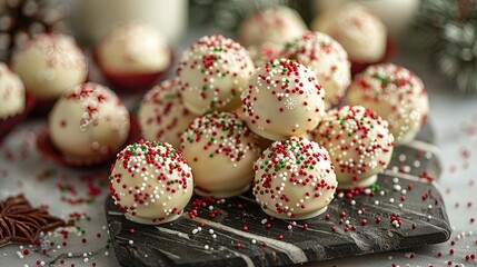 Obraz premium A white chocolate-covered donut stack on a cutting board with red and green sprinkle piles nearby