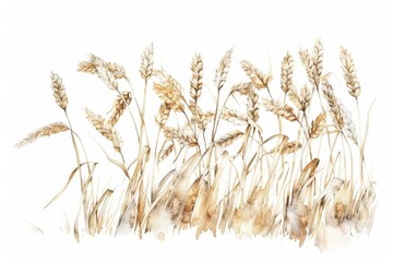 Naklejka premium Watercolor illustration of wheat, grain field, on white background, beige color palette, soft lighting, watercolour texture Generative AI