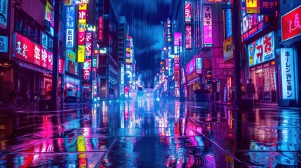 This image portrays a saturated cyberpunk scene of a commercial street at night with shining neon reflections