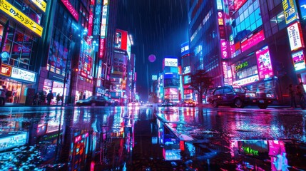 The vibrant hustle of city life captured on a rainy night, highlighted by the glow of neon lights and reflections