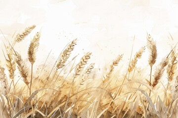 Naklejka premium Watercolor illustration of wheat, grain field, on white background, beige color palette, soft lighting, watercolour texture Generative AI