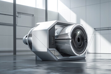 A futuristic 3D render of a high-efficiency ventilation unit with innovative duct design for optimal airflow  