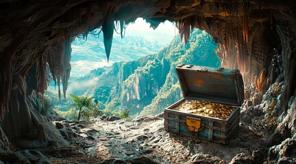 A wooden treasure chest filled with gold coins and jewels sits in a dark cave.
