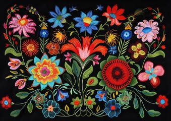 A vibrant composition of embroidered flowers and foliage on a black background partially obscured by a grey square