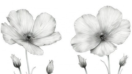   A monochrome image of three flowers against a white backdrop, with the central flower positioned slightly to the right of the middle flower