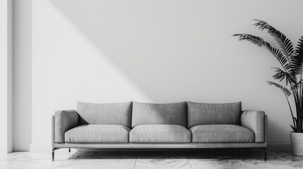 A cozy grey sofa with soft cushions set against a clean white wall illuminated by the natural light casting shadows