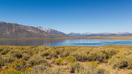 Fototapeta na wymiar a panoramic overlook over the famous Crowley lake at a bright sunny summer day in California 