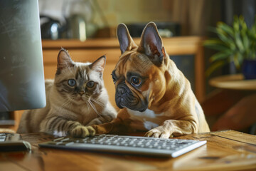 Dog and a cat sitting on a table and browsing on a computer. Generative AI