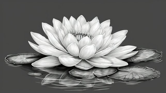   B&W photo of a waterlily with lily pads on the water's surface