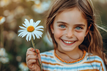 Cute smiling girl holds a flower. Generative AI