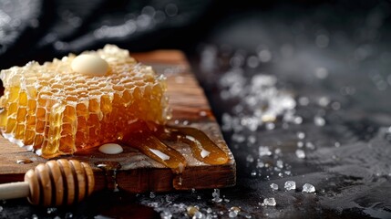 Gourmet Honeycomb on Wooden Board with Dripping Honey